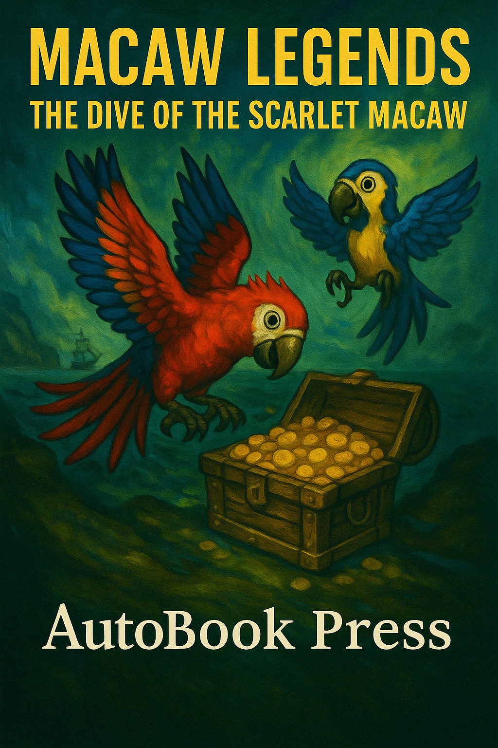 Macaw Legends book cover – AI-generated pirate adventure with diving macaws
